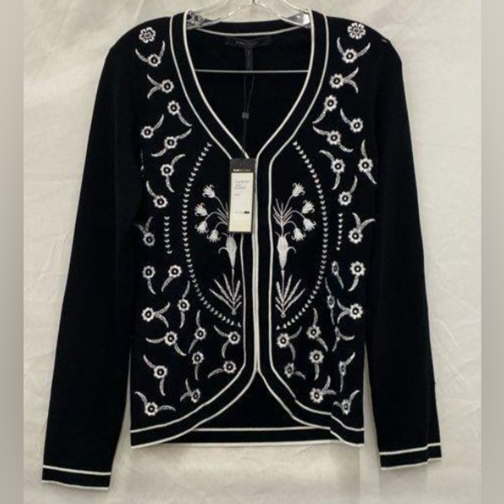 BCBG Maxazria Black Knit Cardigan with White Embroidery Design NWT Size S